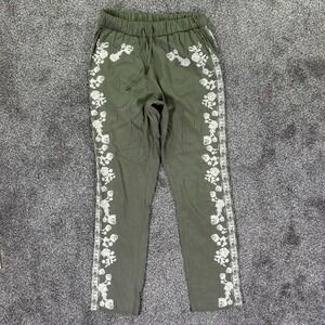 Sundance Tabia Floral Embroidered Olive Jogger Pants Womens Medium Drawstring